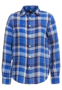 Blå rutigt knapp-up skjorta i lätt bomull. Har olika nyanser av blått med vita och mörkblå accenter samt en logotyp på bröstet.
