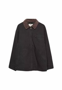 Black jacket with a brown corduroy collar, zip front, and two side pockets. Textured fabric with a relaxed fit and minimal detailing.