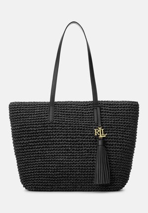 Sac cabas tissé noir avec longues anses en cuir, un pompon en cuir suspendu et un bijou logo RL doré.