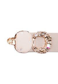 Ampio cinturino elastico beige con una fibbia decorativa in tono oro, adornata con strass trasparenti e colorati in un design floreale.