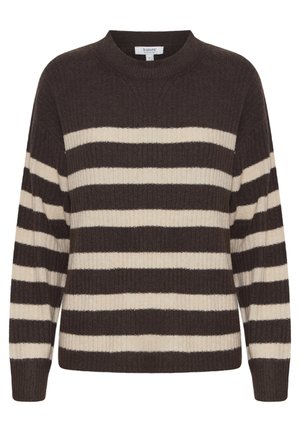 Braun- und cremefarbener gestreifter Pullover mit gerippter Textur, rundem Ausschnitt und langen Ärmeln. Auffälliger Kontrast zwischen den breiten Streifen.