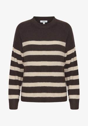 Braun- und cremefarbener gestreifter Pullover mit gerippter Textur, rundem Ausschnitt und langen Ärmeln. Auffälliger Kontrast zwischen den breiten Streifen.