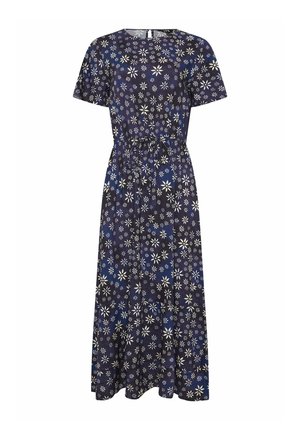 Navy jurk met bloemenpatroon, korte mouwen, een trekkoord in de taille en een relaxte pasvorm. Heeft witte en lichtblauwe bloemenaccenten.