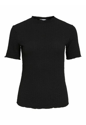 Zwarte kortemouwtop met een gestructureerd patroon en een lichte ruching bij de hals. Heeft een rechte zoom en een zachte stof.