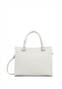 Borsa a mano bianca in pelle con manici doppi, tracolla removibile, chiusura con zip e logo del brand in rilievo sul davanti. Texture liscia.