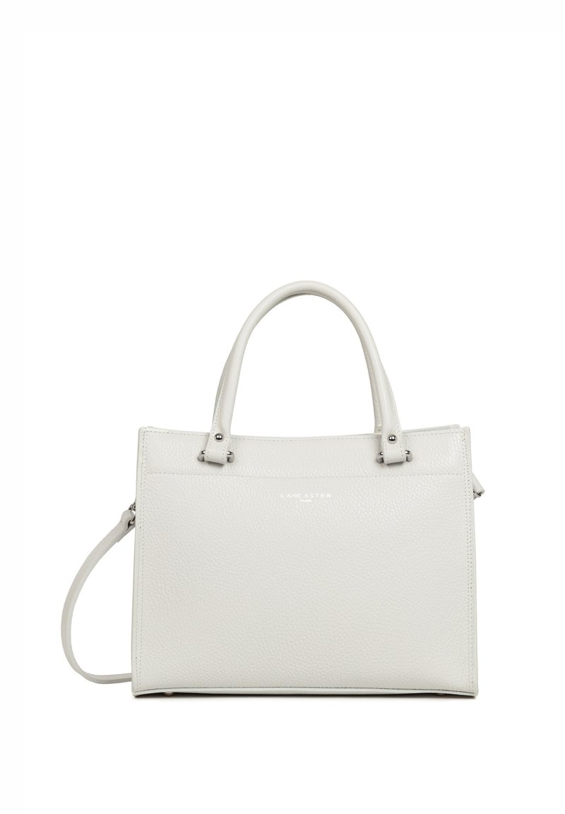 Borsa a mano bianca in pelle con manici doppi, tracolla removibile, chiusura con zip e logo del brand in rilievo sul davanti. Texture liscia.