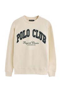 Felpa color crema con la scritta "POLO CLUB" stampata in bold lettere nere, caratterizzata da un colletto rotondo e polsini e orlo a coste.
