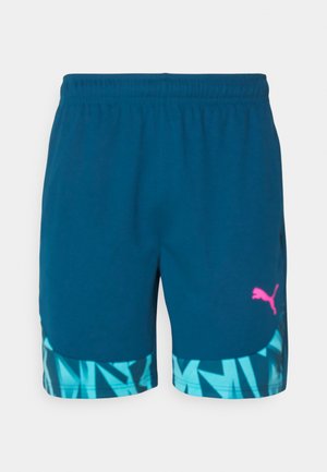 Blaue Sportshorts mit einem elastischen Bund. Sie haben ein geometrisches türkisfarbenes Muster am Saum und ein pinkes Puma-Logo auf der Vorderseite.