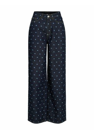 Granatowe dżinsy o szerokich nogawkach w jasnobłękitne groszki, z guzikiem i zamkiem z przodu oraz standardowymi kieszeniami.