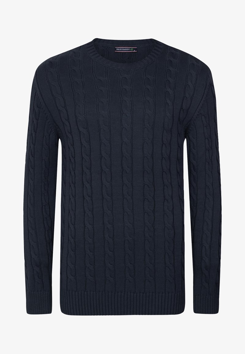 Navy blue cable-knit sweater featuring a ribbed neckline, cuffs, and hem. The texture displays an intricate cable pattern throughout.