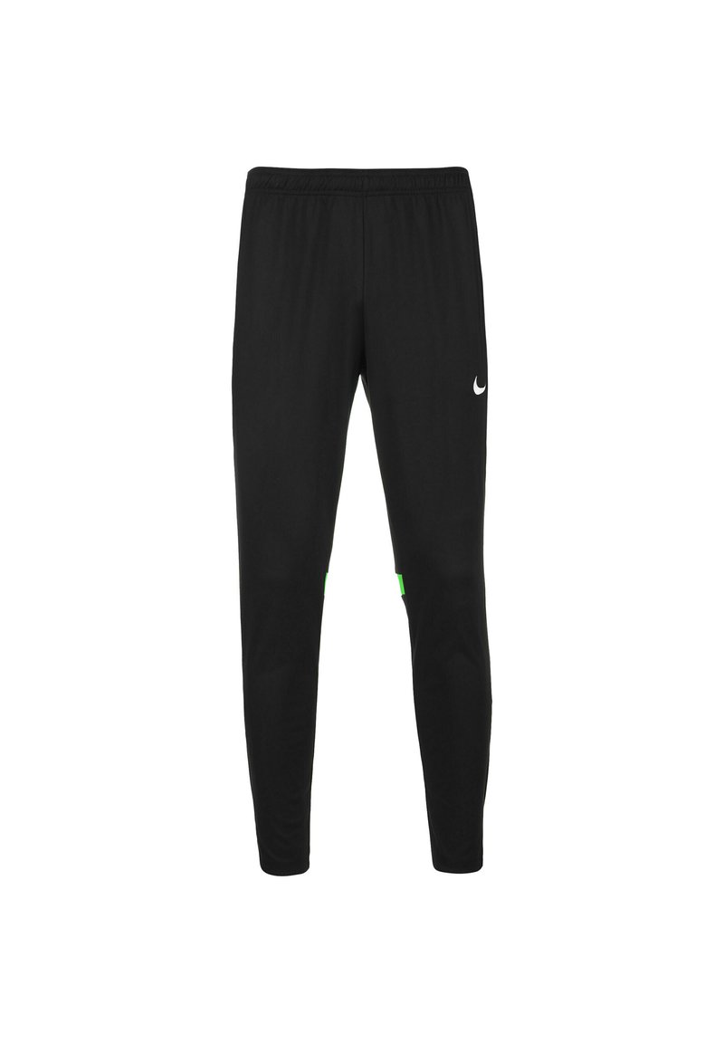Schwarze Sportpants mit elastischem Bund, taillierter Passform, Nike-Logo in Weiß und grünen Akzenten an den Seiten. Leichter, strukturierter Stoff.