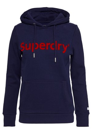 Sweat à capuche bleu marine avec poche avant et logo rouge « Superdry » sur la poitrine, avec cordons réglables à la capuche.