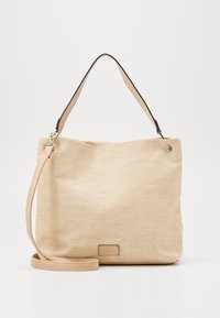 Beżowa torebka o teksturowanej powierzchni w paski. Posiada krótki czarny pasek na ramię oraz dłuższy beżowy pasek do noszenia na ukos. Akcenty w kolorze srebrnym.