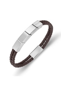Bracciale in pelle intrecciata marrone con accentuazioni in metallo argento, forme rettangolari e finitura lucida, marchiato con "POLICE."