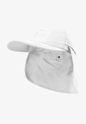 Weißer Sonnenhut mit breiter Krempe, ausgestattet mit einem Nackenlapel und besticktem Logo. Hergestellt aus leichtem Stoff mit glatter Textur.