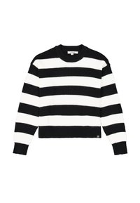 Schwarz-weiß gestreifter Pullover, gerippte Textur, runder Ausschnitt, lange Ärmel, cropped Schnitt, kleines Logo am unteren linken Rand.
