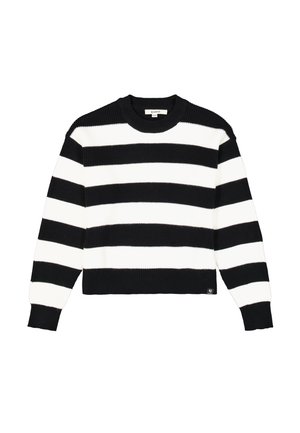 Pull en noir et blanc à rayures, texture côtelée, col rond, manches longues, coupe courte, petit logo en bas à gauche.