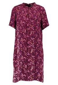 Kortærmet kjole i bordeauxstof med et blomsterprint i pink, lilla og gul. Har rund halsudskæring og afslappet pasform.