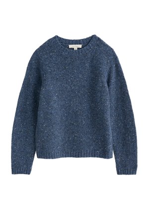 Pull en laine bleu tricoté avec un col rond, des manches longues et des poignets côtelés. Présente un motif texturé avec des éclats tout au long du tissu.