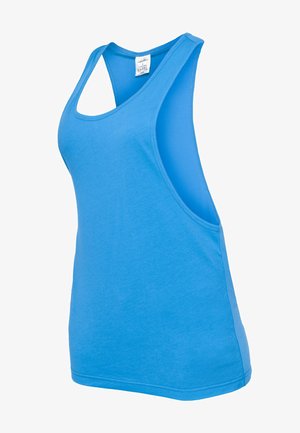 Blauwe tanktop van gladde, lichte stof. Beschikt over een racerback ontwerp en brede armsgaten, geschikt voor casual gebruik of fitnessactiviteiten.