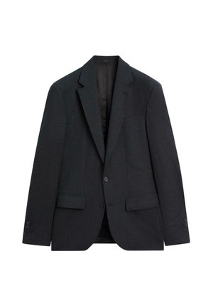 Dark gray blazer with notch lapels, two front pockets, single button closure, and textured fabric. Includes four-button cuff detail.