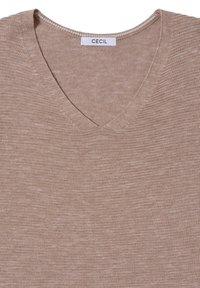 Maglione beige a scollo a V realizzato in un morbido tessuto texturizzato. Dettagli di cucitura evidenti lungo il colletto e il corpo. Etichetta con la scritta "CECIL."