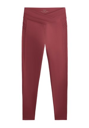 Bordo leggins s glatkom teksturom, s preklopnim dizajnom na pojasu i bočnim naborima za dodatnu detaljnost.