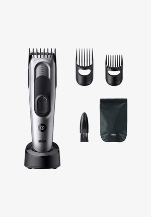 Electric hair clipper with two black comb attachments, a small cleaning brush, and a branded black storage pouch on white background.