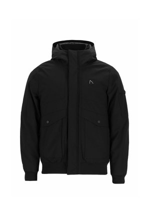 Black hooded winter jacket with front zipper, flap pockets, ribbed cuffs, and a small logo on the chest and sleeve.