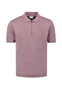 Korteblauwe poloshirt van gebreid stof, met een ritskraag, ribbelkraag en manchetten. Eenvoudig, strak ontwerp zonder patronen.