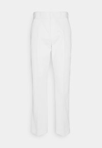 White straight-leg trousers with a smooth texture and flat waistband. Features belt loops and no visible pockets or embellishments.