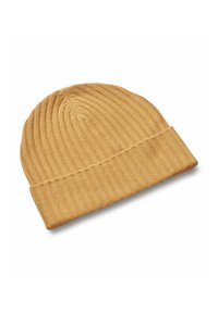 Cappello beanie lavorato a maglia beige con texture a coste e orlo piegato. Presenta un design leggero adatto per un look casual.