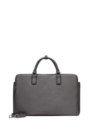 Schwarze Lederaktentasche mit oberen Griffen und abnehmbarem Schultergurt, rechteckige Form, minimalistisches Design und Reißverschluss.