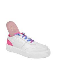 Weiße Ledersneaker mit bunten Akzenten in Pink, Lila und Blau. Verfügt über eine strukturierte Sohle und stylische Schnürsenkel. Goldenes Logo an der Seite.