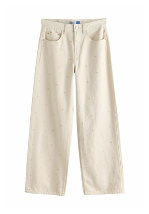 Cream wide-leg jeans made of denim, featuring a subtle heart pattern. Includes five pockets and silver hardware.