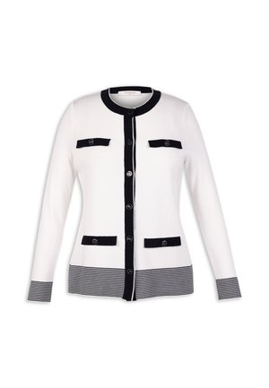 Cardigan bianco con accenti blu navy, caratterizzato da un colletto rotondo, chiusura con bottoni e due tasche frontali. Motivo a righe sull'orlo.