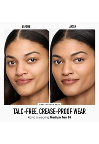 Kaksi vierekkäistä valokuvaa henkilön kasvoista, toinen nimetty "Ennen" ja toinen "Jälkeen", joissa näkyy sileä ja tasainen ihonsävy.