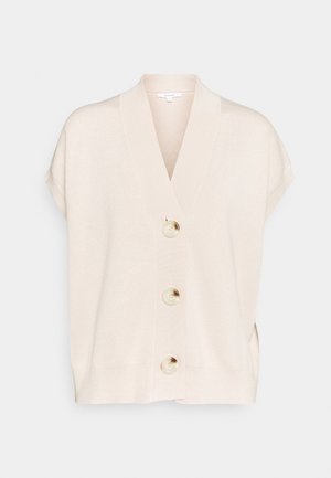 Beige gebreide cardigan met korte mouwen, v-hals en drie grote crèmekleurige knopen aan de voorkant. Zachte textuur en comfortabele pasvorm.
