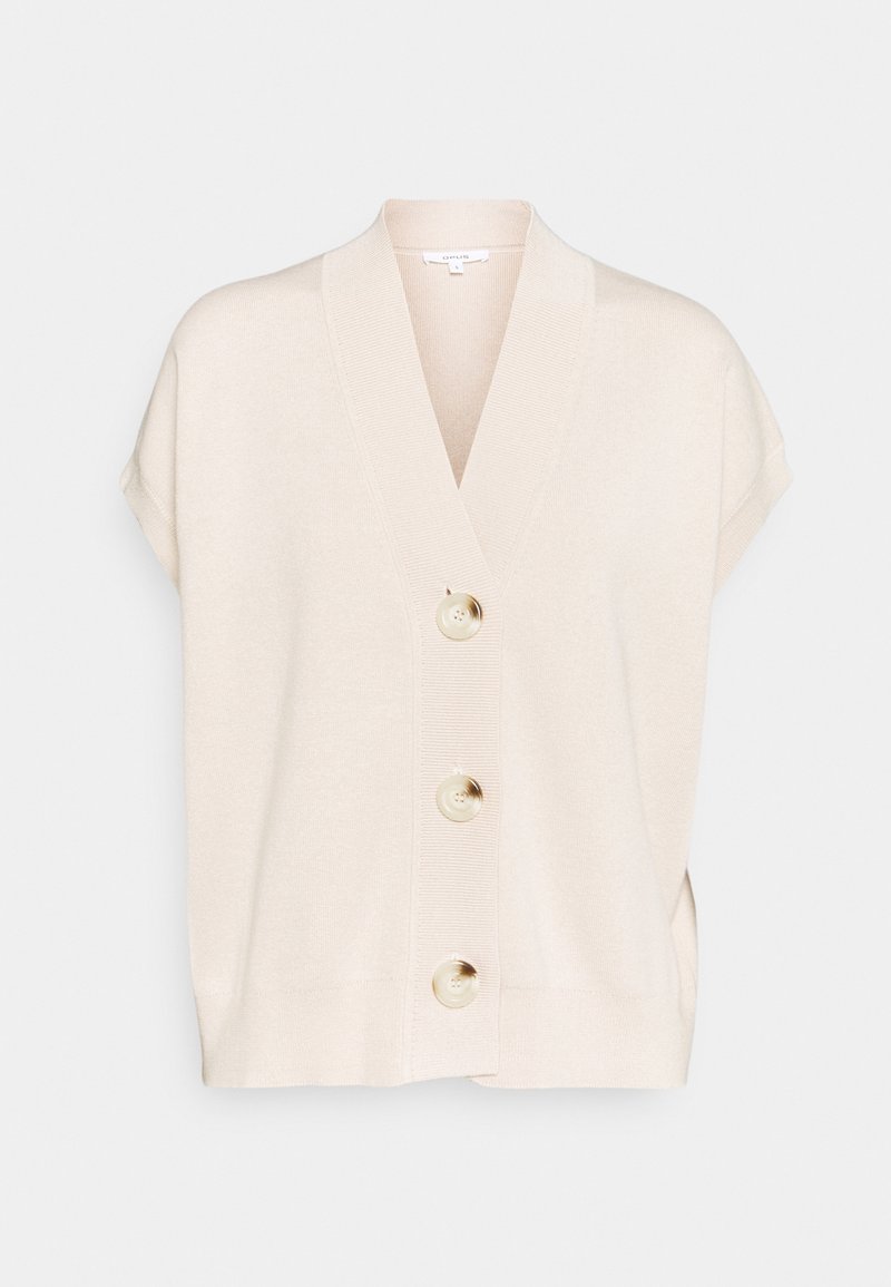 Cardigan en tricot beige à manches courtes, décolleté en V et trois grands boutons crème sur le devant. Texture douce et coupe décontractée.