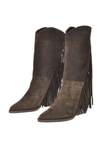Stivali alla caviglia in suede marrone con dettagli in frange, punta affusolata e superficie liscia. Il tacco elevato conferisce una silhouette elegante.