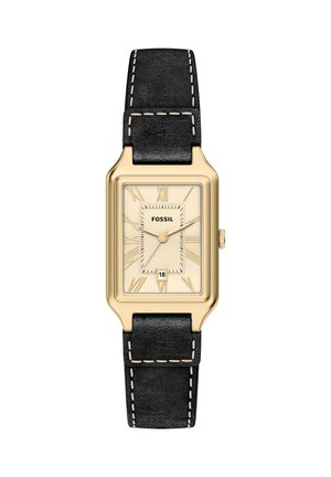 Rechteckige Golduhr mit schwarzem Lederarmband, cremefarbenem Zifferblatt, goldenen römischen Zahlen, drei Zeigern und Datumsanzeige über der Sechs-Uhr-Position.