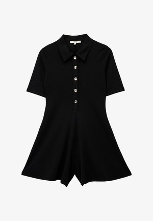 Monoprenda negra de manga corta con cuello tipo polo, que presenta seis botones metálicos en la parte delantera y un fondo amplio y acampanado. Textura de tela suave.