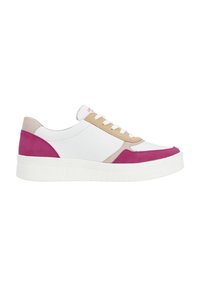 Weiße und rosa Sneaker mit Wildlederakzenten und beigefarbenen Lederdetails, ausgestattet mit einer strukturierten Gummisohle und klassischem Schnürdesign.