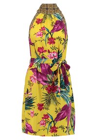 Floral halter dress in yellow fabric, featuring pink and purple flowers, green leaves, and a patterned neckline. Includes a self-tie belt.