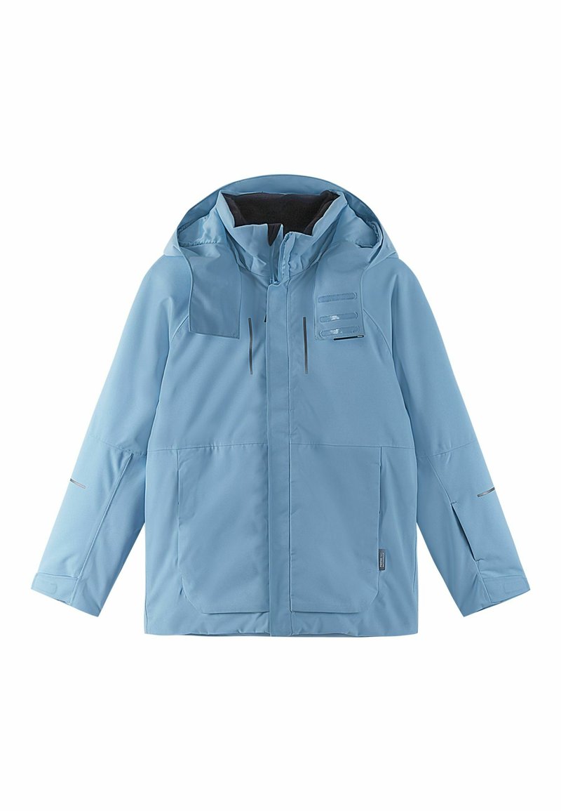 Light blue waterproof jacket with hood, zip and velcro closures, and multiple pockets on front and sleeves.