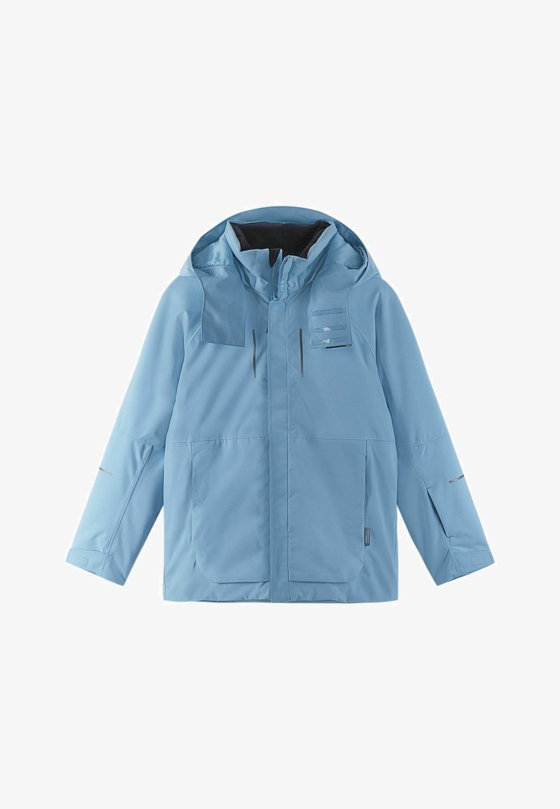 Light blue waterproof jacket with hood, zip and velcro closures, and multiple pockets on front and sleeves.