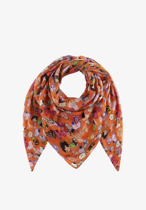 Écharpe multicolore présentant des personnages de dessins animés sur un fond orange, fabriquée en tissu léger avec une texture douce et une forme triangulaire.