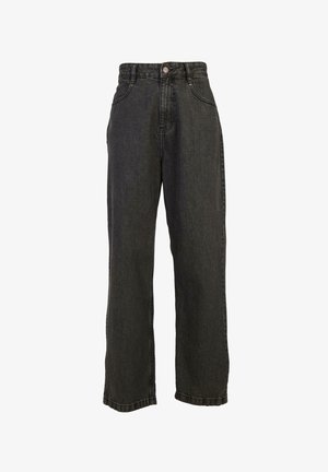 Fekete farmer széles lábú farmerek magas derékkal, varrott zsebekkel és gombos záródással. Simább textúra, enyhén kopott felülettel.