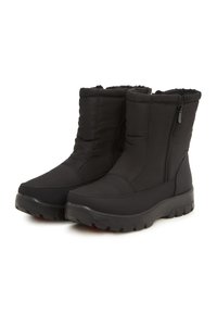 Botas de tobillo aislantes negras con un exterior liso y acolchado, cremalleras laterales y suelas de goma texturizadas. Diseño de perfil bajo con puntera redonda.