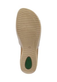 Schoenzool met een getextureerde, tan rubberen basis. Bevat groeven voor grip en een groene accent bij de hak. Maatindicatie is 39.